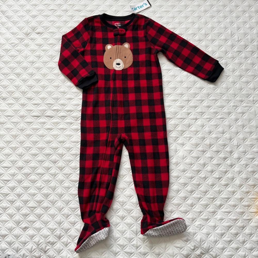 NWT Carter's Red Black Buffalo Check Bear One Piece Fleece Zipper PJs Gift Sz 3T